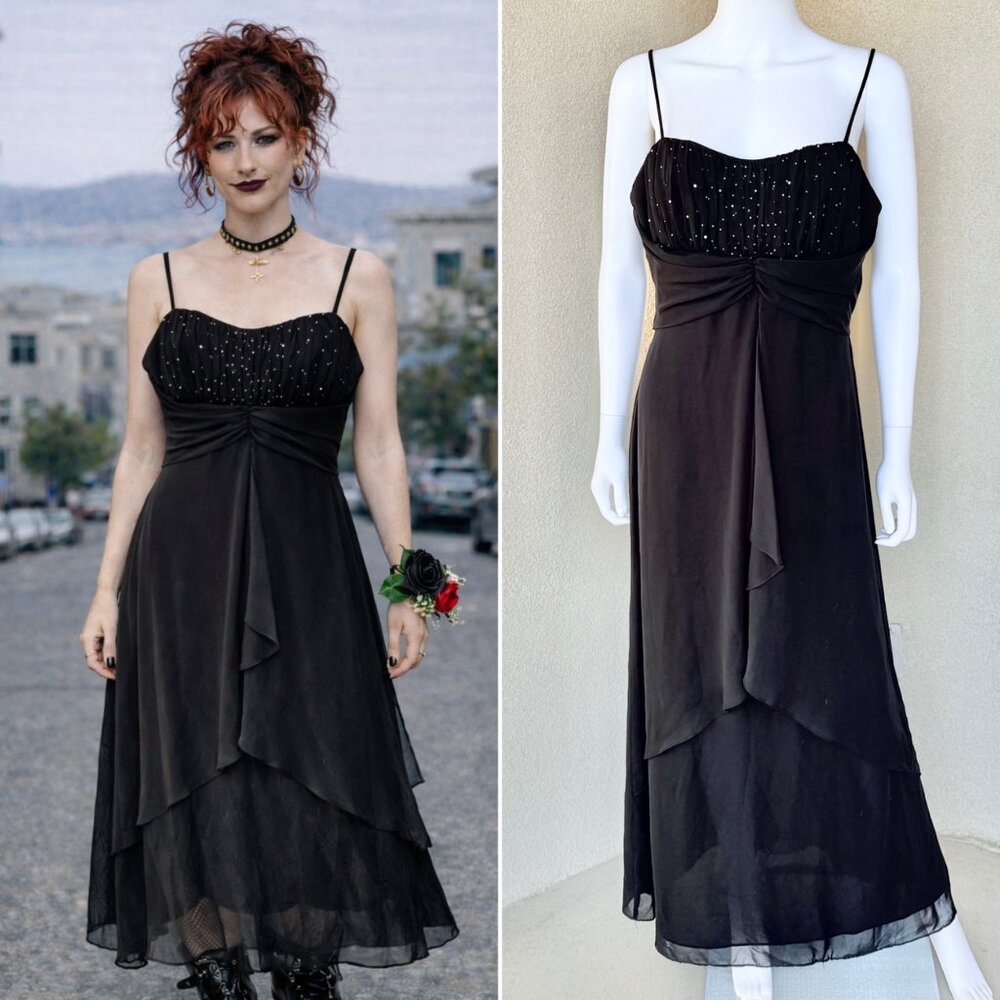 🖤Whimsygoth 90s Rhinestone Chiffon Maxi Dress🖤